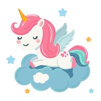 linda unicornio en mullido nubes vector