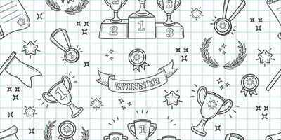 Backdrop with winner award attributes in linear style. Seamless sports doodles on checkered school background. Backdrop with winner award attributes in linear style. vector