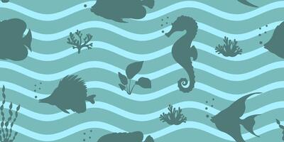 Seamless marine pattern with waves and fish silhouettes. Striped background with sea animals and algae. vector