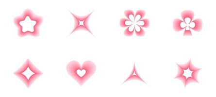 y2k blurred symbols for design. Set of shapes with pink color gradation. Aesthetic blur icons of star, heart and flower vector