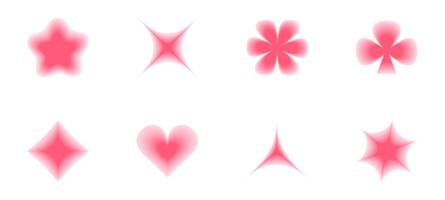 Blurred y2k graphic elements. Pink gradient shapes of hearts, stars, glare for aesthetic design. vector