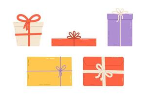 Set of gift boxes with bow. Present boxes, tied with wrapping ribbon. Flat isolated illustration vector