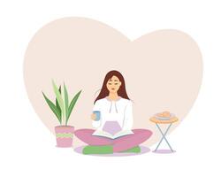 A girl is reading a book. Girl sitting in lotus posture and reading, doing homework. Education, study and training, preparing for tests or exams, self-development. Cartoon flat illustration vector