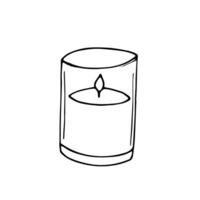 Hand-drawn wax candle in a glass candlestick. Cozy home element illustration. Sketch in doodle style. Burning candle in a glass. vector