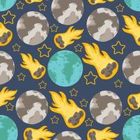 Space seamless pattern with cute moon, earth and comet design. Space background for greetings, invitations, wrapping paper production, textiles and web design. vector