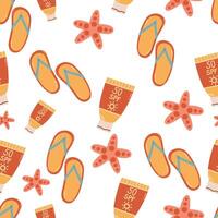 Summer seamless pattern with flip flops and sunscreen. Marine background for greetings, invitations, wrapping paper production, textiles and web design. vector