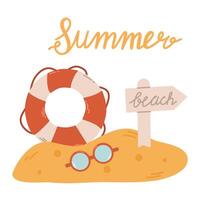 Background of summer sea beach with greeting. Hello summer, set of elements in the sand. The sign is the beach, sunglasses, and a lifebuoy. vector