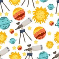 Space seamless pattern with cute telescope, uranium and sun design. Space background for greetings, invitations, wrapping paper production, textiles and web design. vector