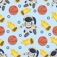 Space seamless pattern with cute astronaut, planet and comet design for kids. Space background for greetings, invitations, wrapping paper production, textiles and web design. vector