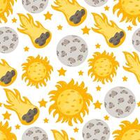 Space seamless pattern with cute sun, moon and comet design. Space background for greetings, invitations, wrapping paper production, textiles and web design. vector