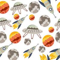 Space seamless pattern with cute design of rocket, flying ship, planet for kids. Space background for greetings, invitations, wrapping paper production, textiles and web design. vector