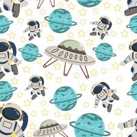 Space seamless pattern with cute design of uranium, astronaut and flying ship. Space background for greetings, invitations, wrapping paper production, textiles and web design. vector