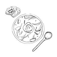 Illustration. illustration of a plate with borscht, lard and bread, a tablespoon. All objects are drawn in in black. Suitable for printing on paper, menus, recipes vector