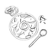 ilustración. ilustración de un plato con sopa de remolacha, manteca de cerdo con ajo y pan, un cucharada. todas objetos son dibujado en en negro. adecuado para impresión en papel, menús, recetas vector