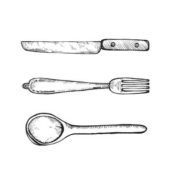 ilustración. ilustración. cuchillería, cuchillo, tenedor, cuchara dibujado en en negro en un blanco antecedentes. adecuado para impresión en papel, menús, recetas, scrapbooking vector