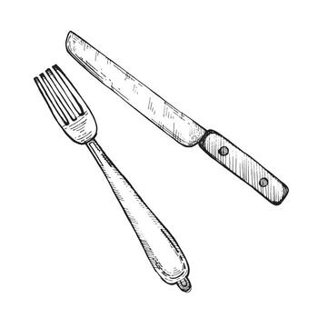 ilustración. ilustración. cuchillería, cuchillo y tenedor dibujado en negro en un blanco antecedentes. adecuado para papel impresión, menús, recetas, scrapbooking y diseño vector