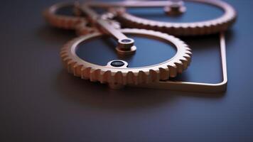 Looped 3D animation of a mechanism from a group of gears. Close-up. Defocus video