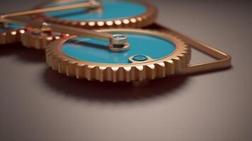 Looped 3D animation of a mechanism from a group of gears. Close-up. Defocus video