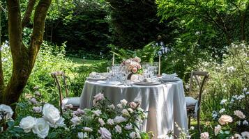 Garden party tablescape, elegance with floral table decor photo