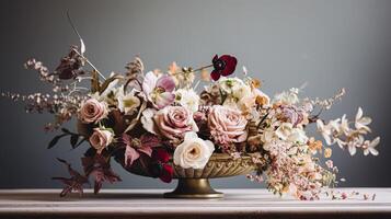 Floral arrangement with winter, autumn or early spring botanical plants and flowers photo