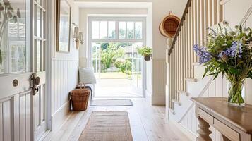 Hallway decor, white coastal cottage interior design and country house, entryway furniture and entrance hall home decor, English countryside style photo