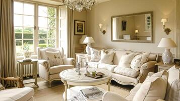 Cotswolds cottage style sitting room, living room interior design and country house home decor, sofa and lounge furniture, English countryside style photo