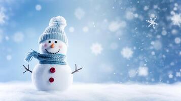 Funny snowman on Christmas holiday winter background, Merry Christmas and Happy Holidays wishes, photo