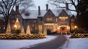 Navidad a el señorío, Inglés campo estilo inmuebles en invierno con jardín y exterior paisaje decoración foto