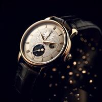 Luxury mens watch commercial concept, bespoke gold design on dark background, photo