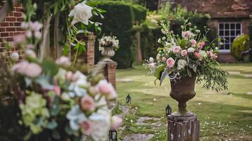 Wedding decoration in the cottage, floral country wedding decor, cake and event celebration, English countryside style photo