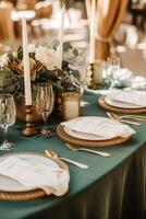 Sage green holiday tablescape, formal dinner table setting, table scape with decoration for wedding party and event celebration, photo