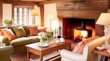 Farmhouse cottage interior design, home decor, sitting room and living room, sofa and furniture in English country house style photo