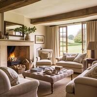 Modern cottage sitting room decor, interior design, living room furniture in neutral colours and fireplace, home decor in elegant English country house style, photo