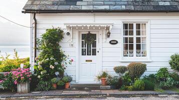 White coastal cottage in the English countryside style by the seaside photo