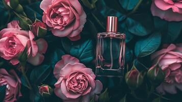 Perfume bottle in flowers, fragrance on blooming background, floral scent and cosmetic product photo