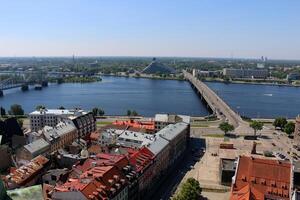 25 07 2023 Riga Latvia. Riga, the capital of Latvia, is located on the banks of the Daugava River at its confluence with the Gulf of Riga. photo