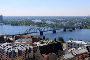 25 07 2023 Riga Latvia. Riga, the capital of Latvia, is located on the banks of the Daugava River at its confluence with the Gulf of Riga. photo