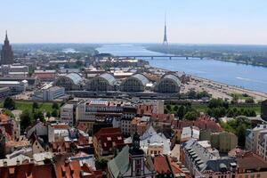 25 07 2023 Riga Latvia. Riga, the capital of Latvia, is located on the banks of the Daugava River at its confluence with the Gulf of Riga. photo