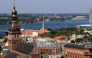 25 07 2023 Riga Latvia. Riga, the capital of Latvia, is located on the banks of the Daugava River at its confluence with the Gulf of Riga. photo