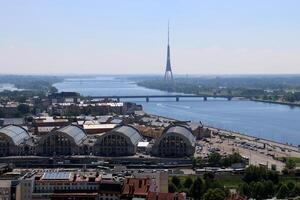 25 07 2023 Riga Latvia. Riga, the capital of Latvia, is located on the banks of the Daugava River at its confluence with the Gulf of Riga. photo