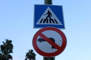 Road signs and directional signs on roads in Israel. photo