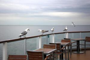 On the upper deck of a large ocean liner. photo