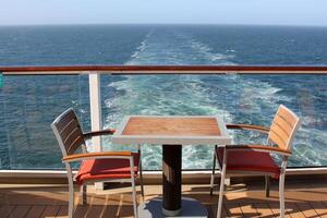 On the upper deck of a large ocean liner. photo