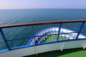 On the upper deck of a large ocean liner. photo