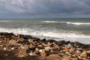 Stones and shells on the shore of the Mediterranean Sea. photo