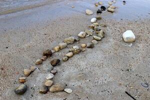 Stones and shells on the shore of the Mediterranean Sea. photo