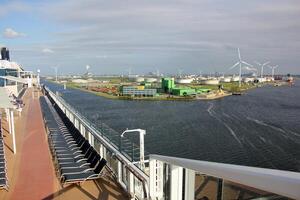 On the upper deck of a large ocean liner. photo