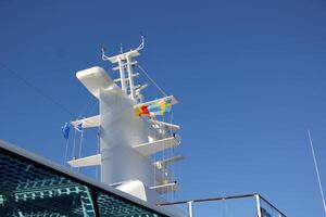 On the upper deck of a large ocean liner. photo