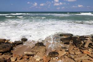 Stones and shells on the shore of the Mediterranean Sea. photo