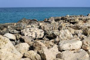 Stones and shells on the shore of the Mediterranean Sea. photo
